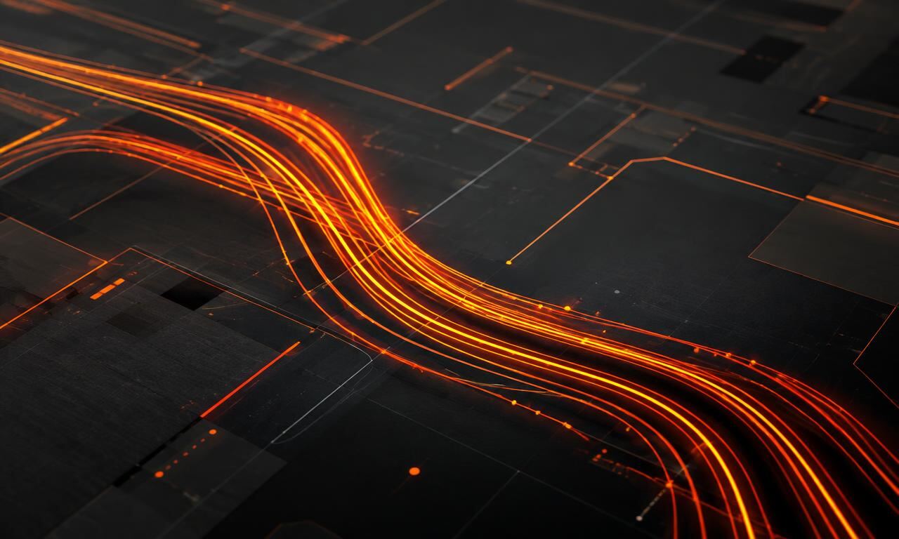 Abstract visualization of glowing orange data streams flowing across a dark circuit grid