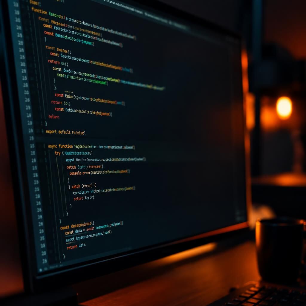 Source code displayed on a monitor in a dim room lit by a warm orange lamp
