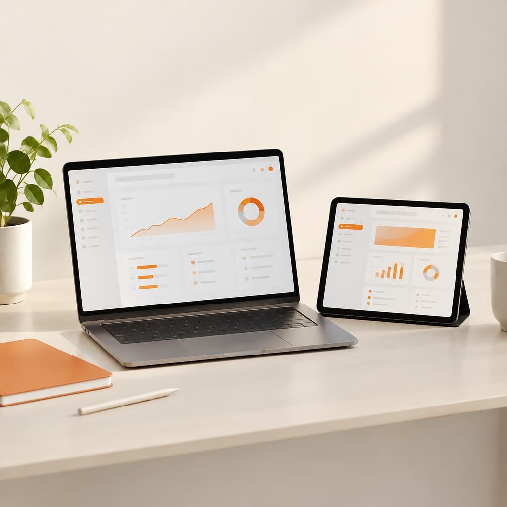 Laptop and tablet on a light desk displaying abstract analytics dashboards